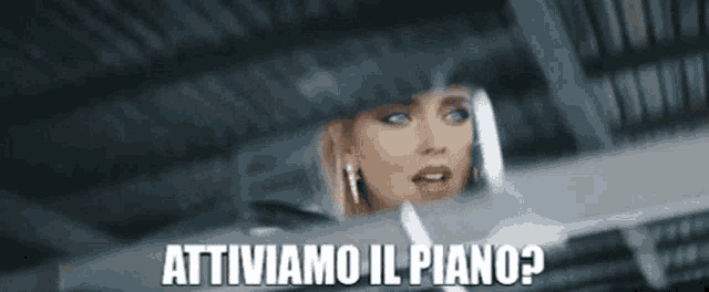 a woman is sitting in a car with the words " attiviiamo il piano " written on her face .