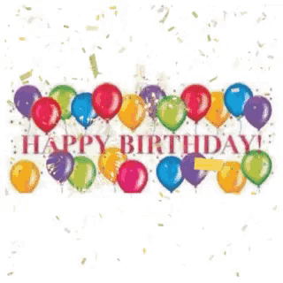 a happy birthday card with balloons and confetti on a white background