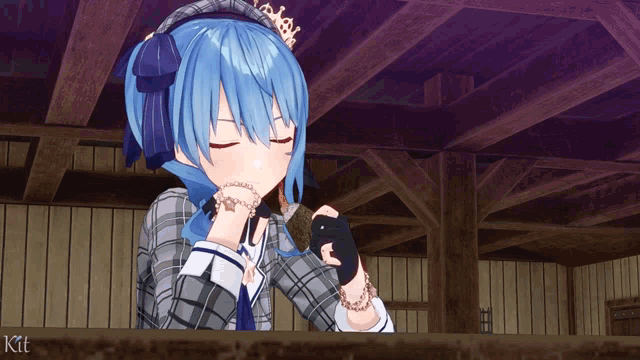 a girl with blue hair and a crown on her head is sitting at a table