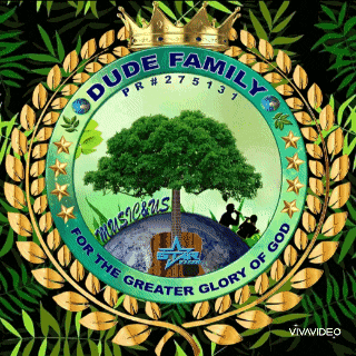 a logo for dude family musicians with a tree in the middle