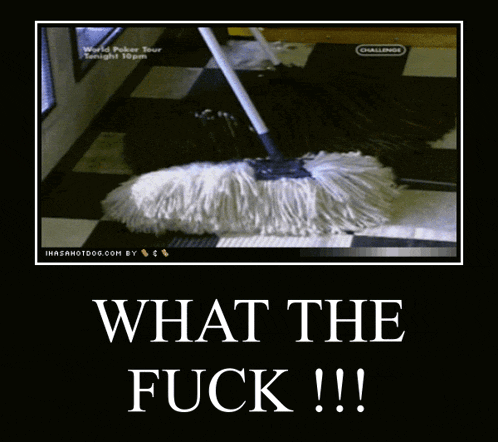 a picture of a mop on a checkered floor with the caption what the fuck
