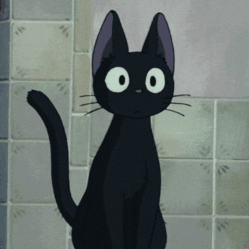 a black cat with white eyes is sitting on a tile floor
