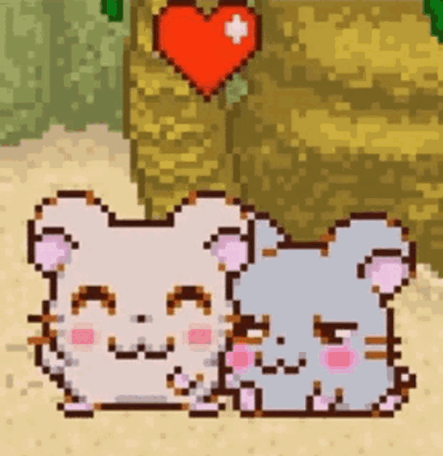 two hamsters are laying next to each other with a heart above them