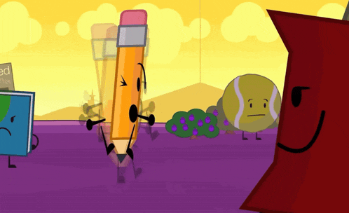 a pencil and a tennis ball are standing next to each other in a cartoon scene