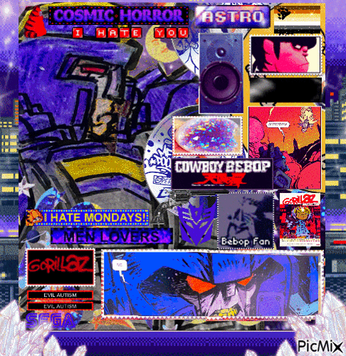 a collage of cosmic horror cowboy bebop and gorillaz
