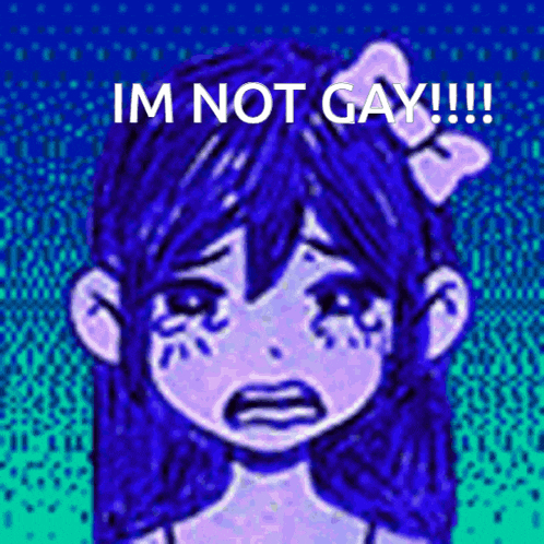 a drawing of a girl with blue hair crying with the words im not gay