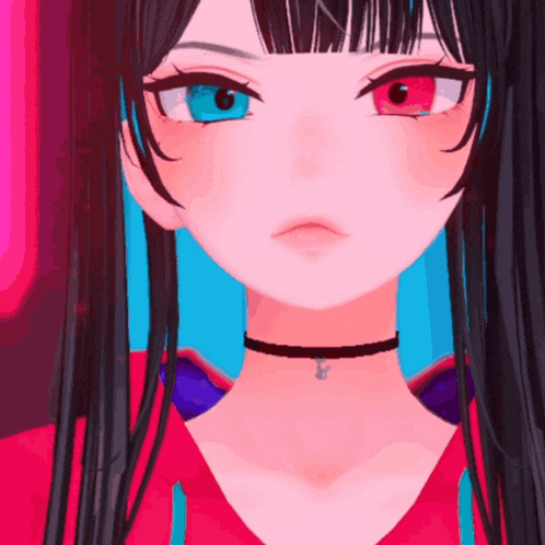 a close up of a girl 's face with red and blue eyes