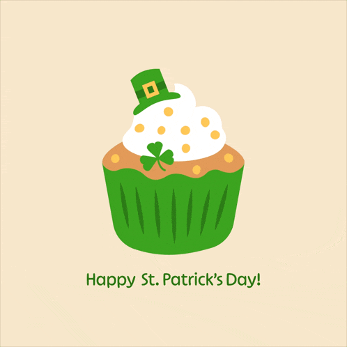 a happy st. patrick 's day card with a green cupcake with a leprechaun hat on top