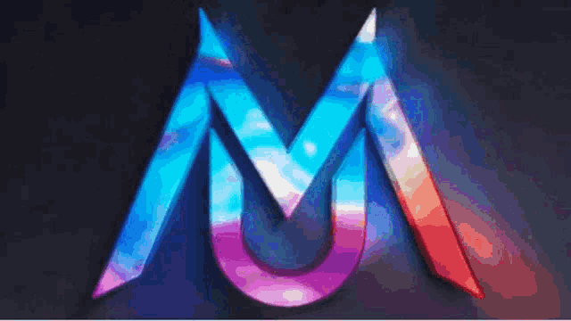the letter m is surrounded by a rainbow of colors