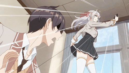 a boy and a girl are standing in a room with a girl holding a gun