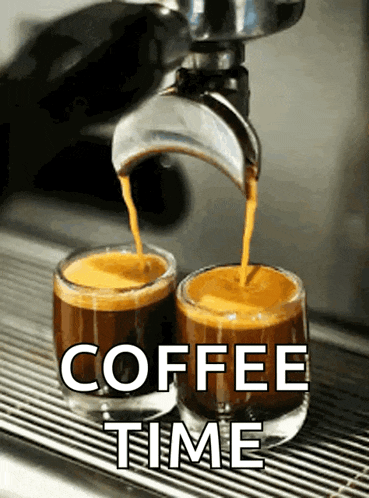 two shot glasses of coffee are being poured from a coffee maker with the words coffee time written below them