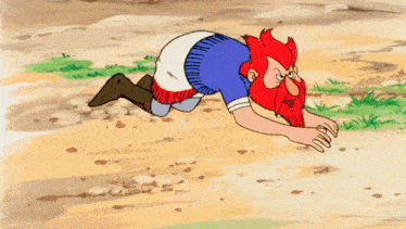 a cartoon drawing of a man with a red beard crawling on the ground