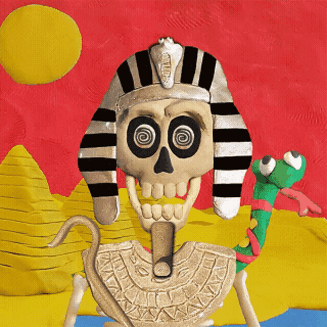 a skeleton wearing a pharaoh 's hat and holding a green snake