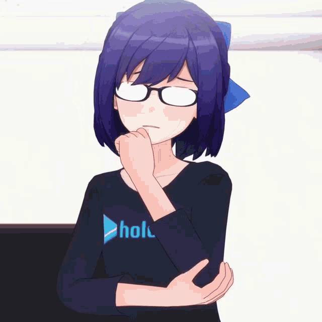 a girl wearing glasses and a black shirt that says holo