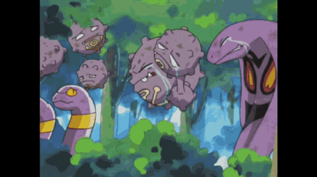 a group of purple snakes are standing in a forest and one is crying