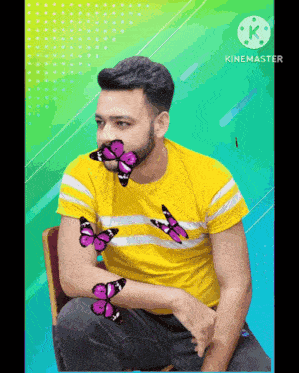 a man in a yellow shirt with purple butterflies around his mouth