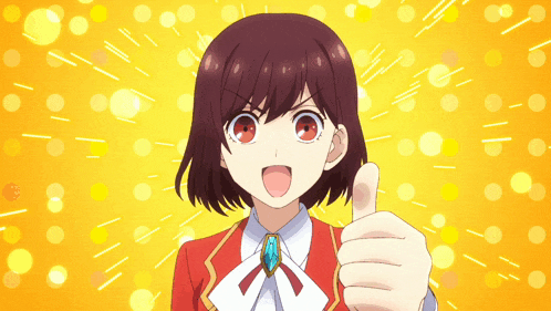 a girl giving a thumbs up with a yellow background