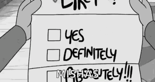 a cartoon character is holding a piece of paper that says yes definitely and mishapsutely