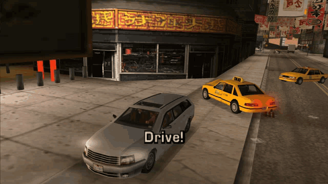 a video game scene with taxis and a car saying drive