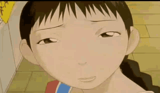 a close up of a cartoon character 's face with a yellow sign in the background