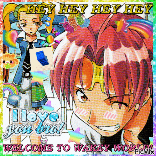 a collage of anime characters with the words welcome to wakey world on the bottom