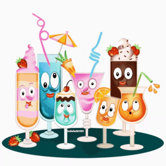 a cartoon illustration of drinks with faces on them and the year 1981