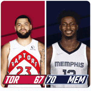 two basketball players one from the raptors and the other from memphis