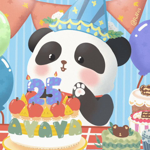 a panda bear wearing a party hat is blowing out a candle on a birthday cake