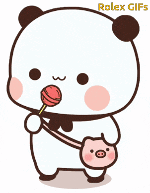 a cartoon panda bear is holding a pink purse and a lollipop