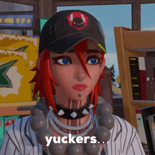 a girl with red hair is wearing a black hat and a necklace that says yuckers