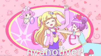 a picture of two anime girls with the word nyanoliver written on the bottom
