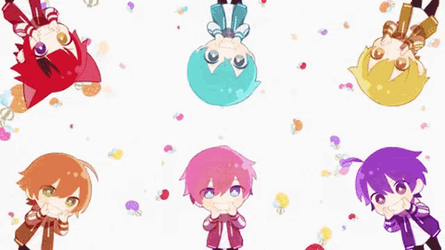 a group of anime characters are hanging upside down on a pink and white background