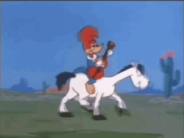 woody woodpecker is riding on the back of a horse in a cartoon .