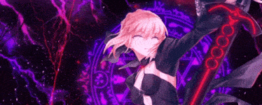 a girl in a black dress is holding a sword in front of a purple and red background .