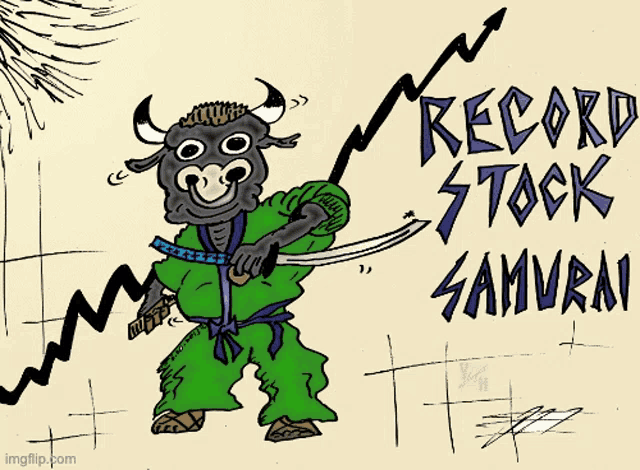 a cartoon of a bull holding a sword with the words record stock samurai