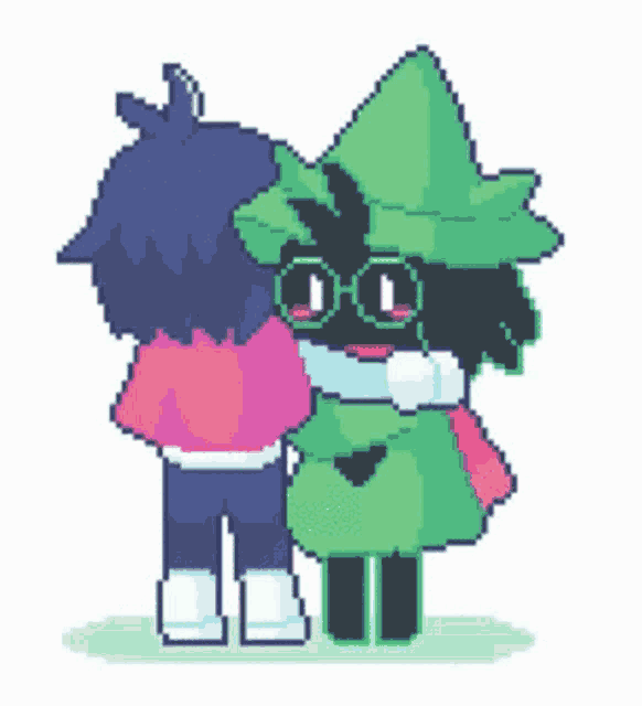 a pixel art drawing of a boy and a green cartoon character standing next to each other .