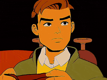 a cartoon of a man in a green jacket holding a red object