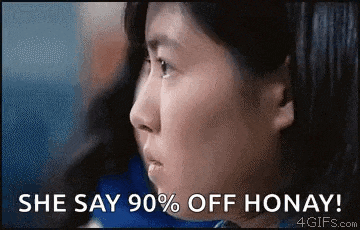 a close up of a woman 's face with the words `` she says 90 % off honay '' written on it .