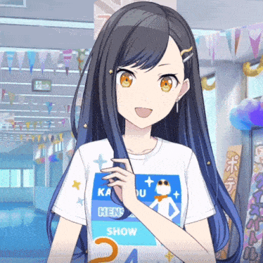 a girl with long hair is wearing a shirt that says hen show