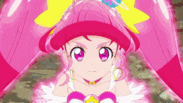 a close up of a pink and white anime character