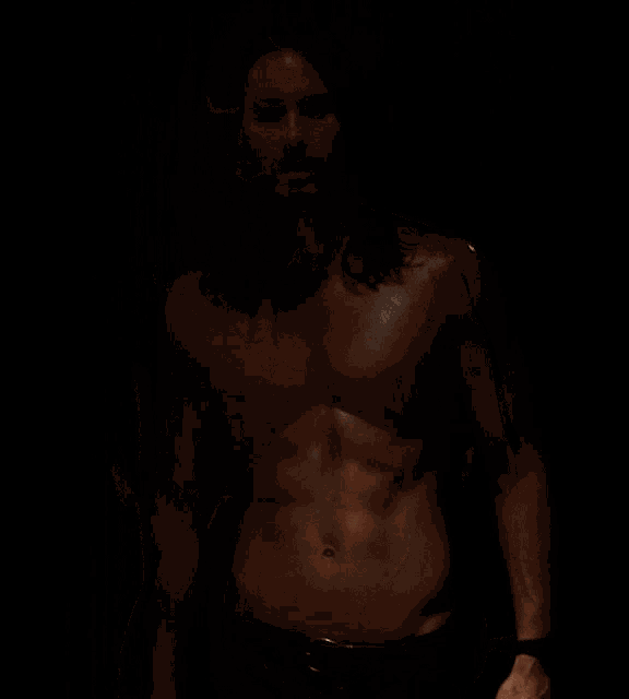 a shirtless man with long hair and a beard stands in the dark