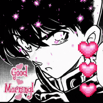 a black and white drawing of a boy with pink hearts and the words " good morning "
