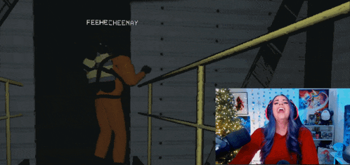 a woman in a red sweater is laughing in front of a screen that says feeehecheemay