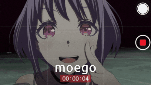 a girl with purple hair is being recorded with the word moego on the bottom right