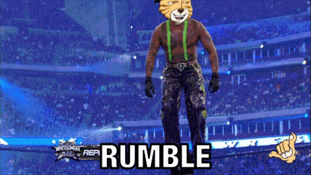 a cartoon of a wrestler with the word rumble on the bottom right
