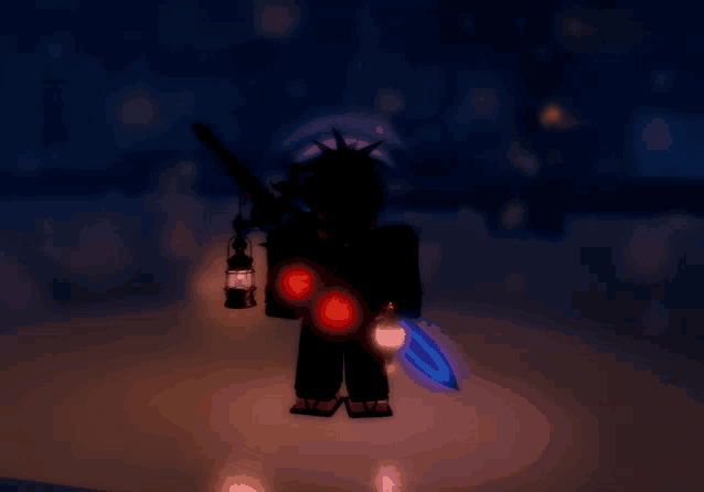 a person holding a lantern and a sword in a dark area