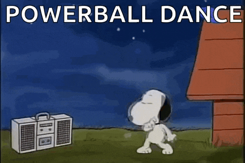 snoopy is dancing in front of a boombox with the words `` powerball dance '' written above him .