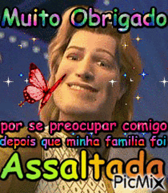 a picture of a woman with a butterfly in her mouth and the words muito obrigado