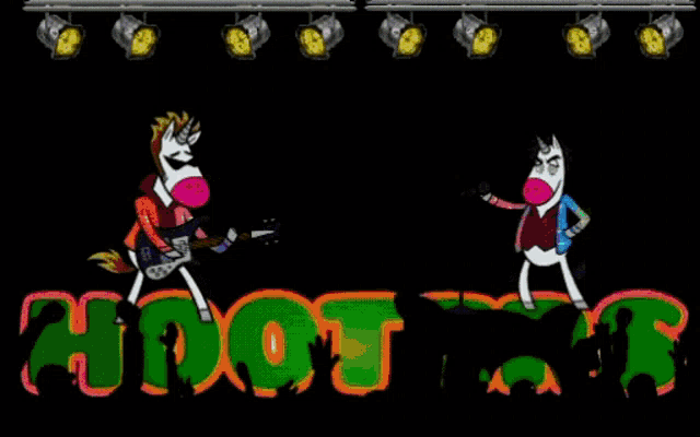 a cartoon of a unicorn playing a guitar in front of a crowd with the word hoot in the background