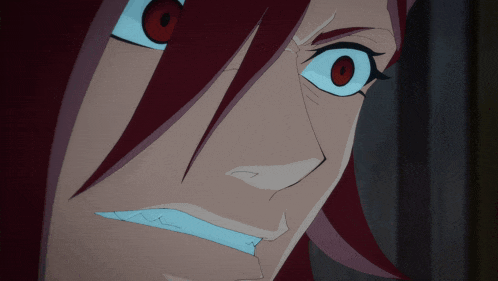 a close up of a cartoon character with red hair and big eyes